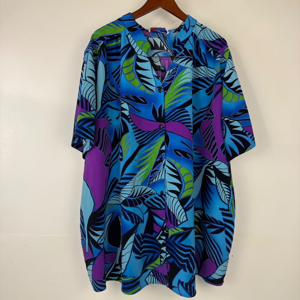 A Personal Touch Tunic Blouse Women 5X Blue Tropical Leaf Button Front SS Vtg